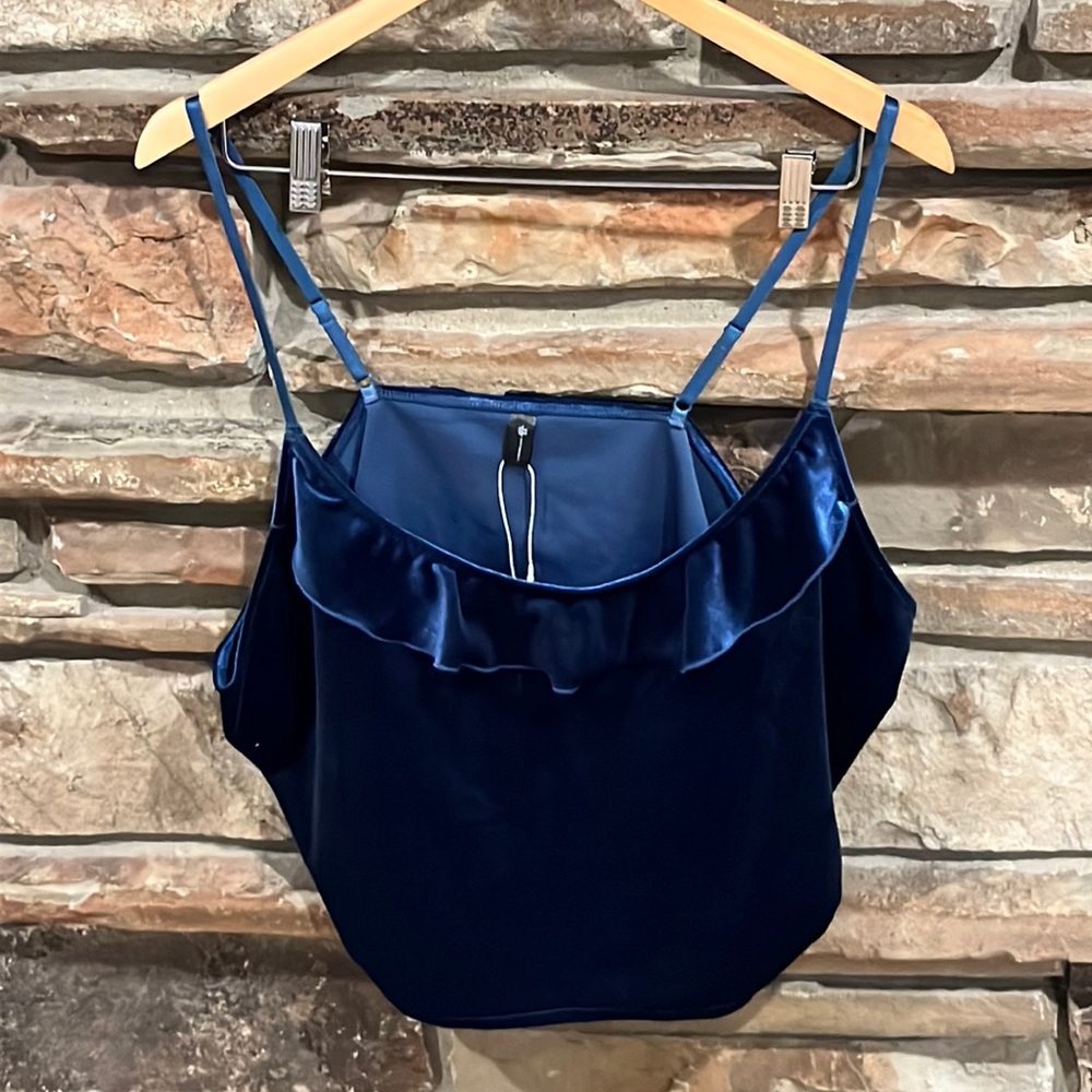 Mentionables Navy Blue Velvet Ruffle Camisole Cropped Top